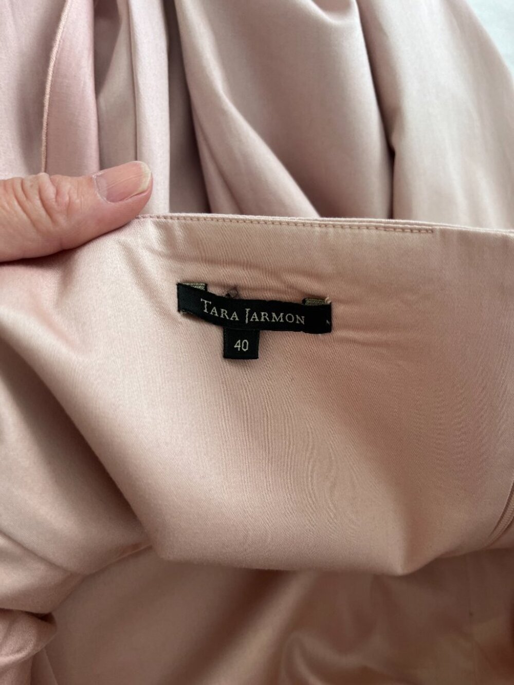 Blush Pink Cotton Fit & Flare Midi Dress Draped Bodice, Tara Jarmon, FR 40, US 8 - Picture 9 of 14